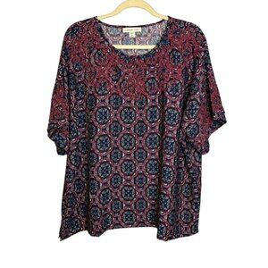 Coldwater Creek Blouse Women's 2X Geometric  Floral Paisley Blue Red